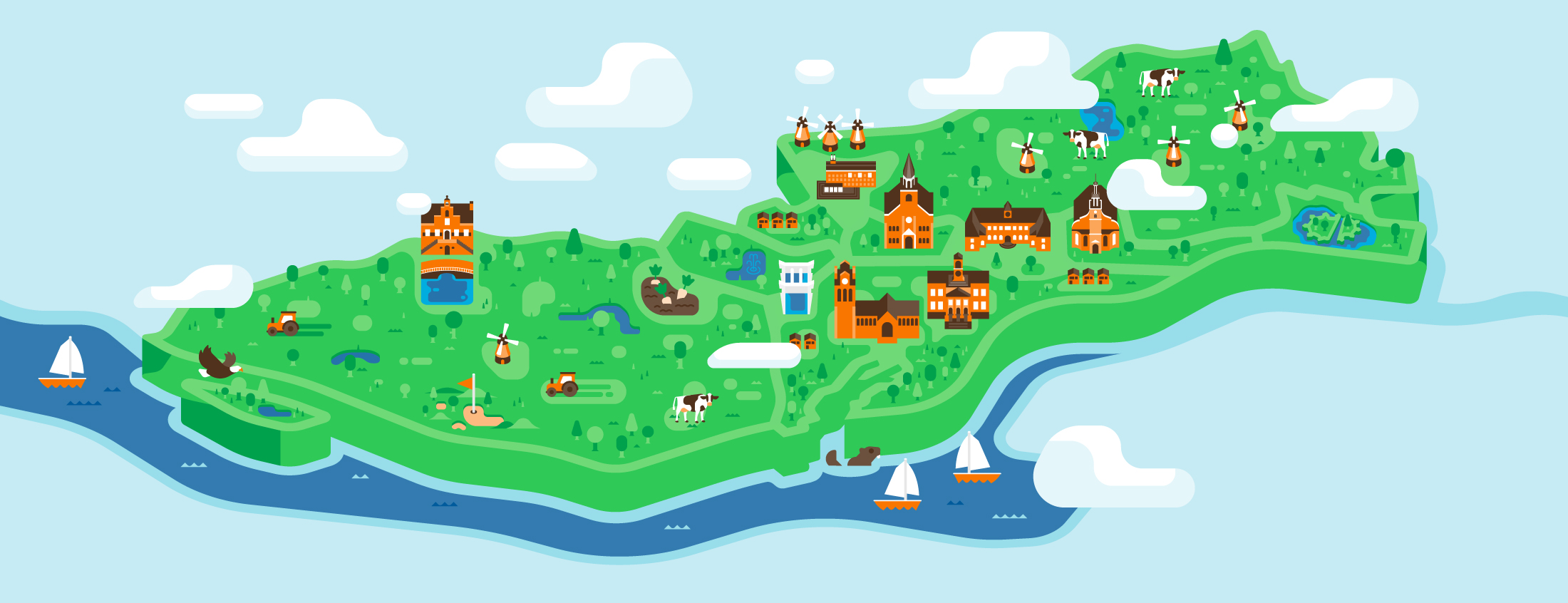 Illustratie van de regio Zuid-Holland-Zuid met daarop verschillende herkenningspunten