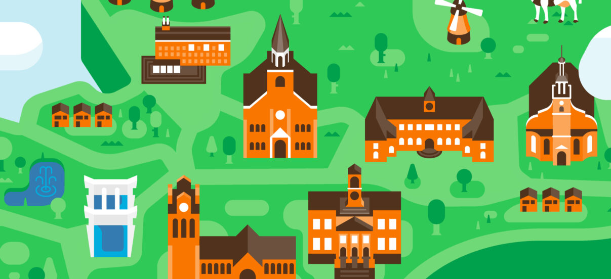 Illustratie van verschillende herkenningspunten uit de regio Zuid-Holland-Zuid