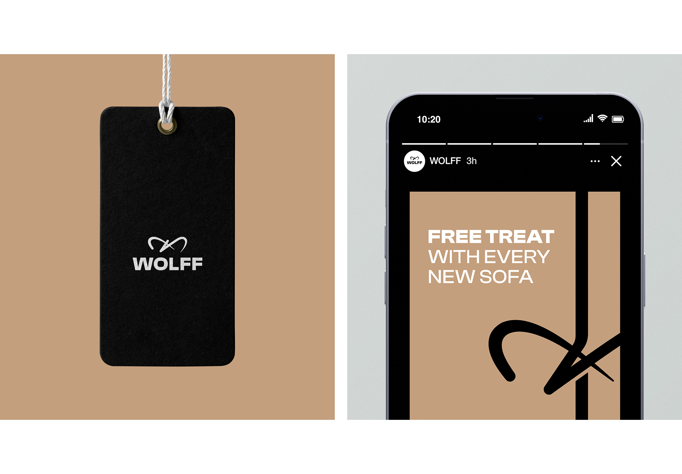 Logo van WOLFF op label en logo in het klein op smartphone